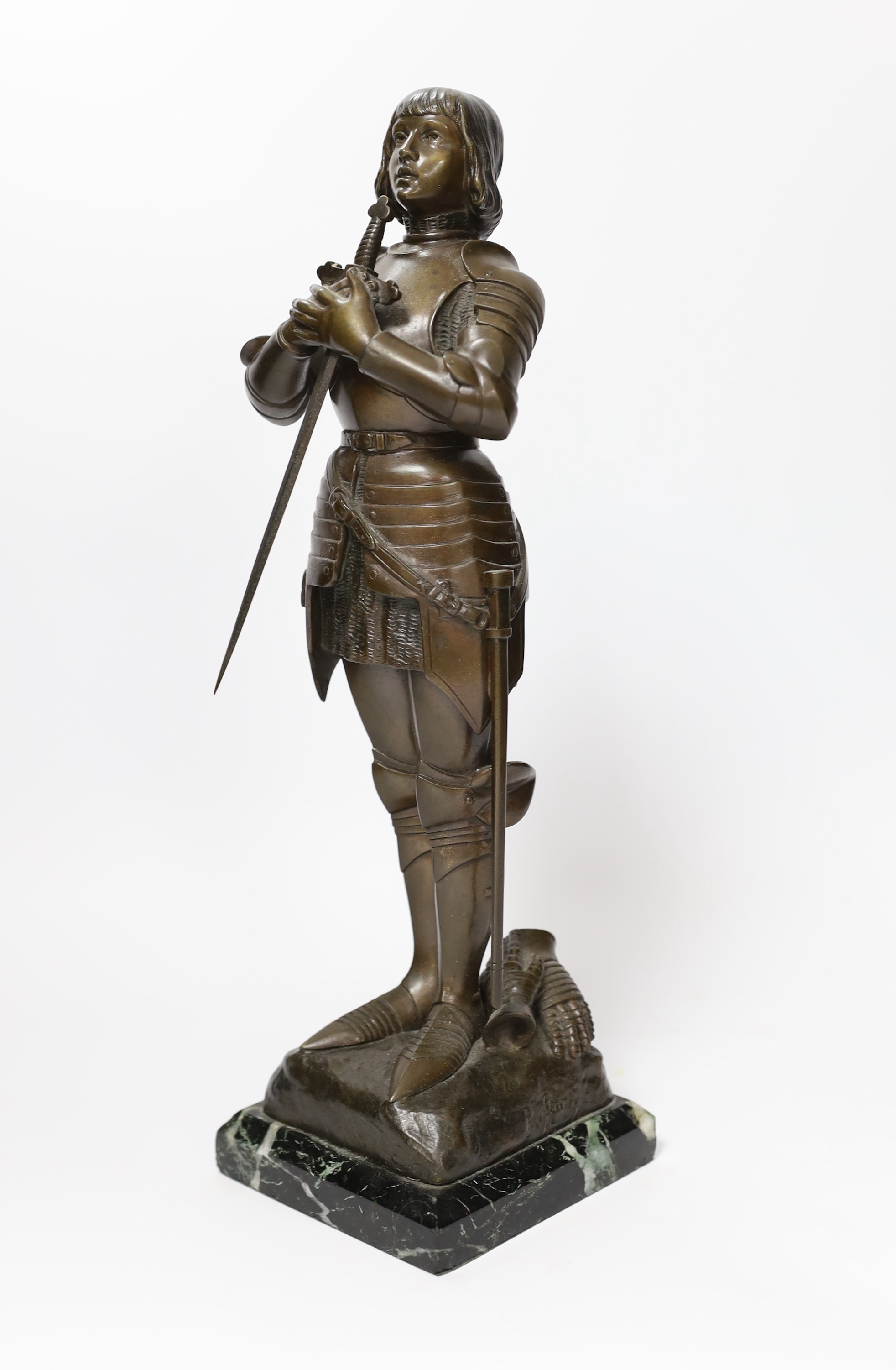 Ruffony, bronze study of Joan d'Arc, raised on square marble base signed, 33cm high